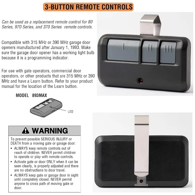 Garage Door Opener Remote 2 Pack, 3 Button Replacement with Batteris